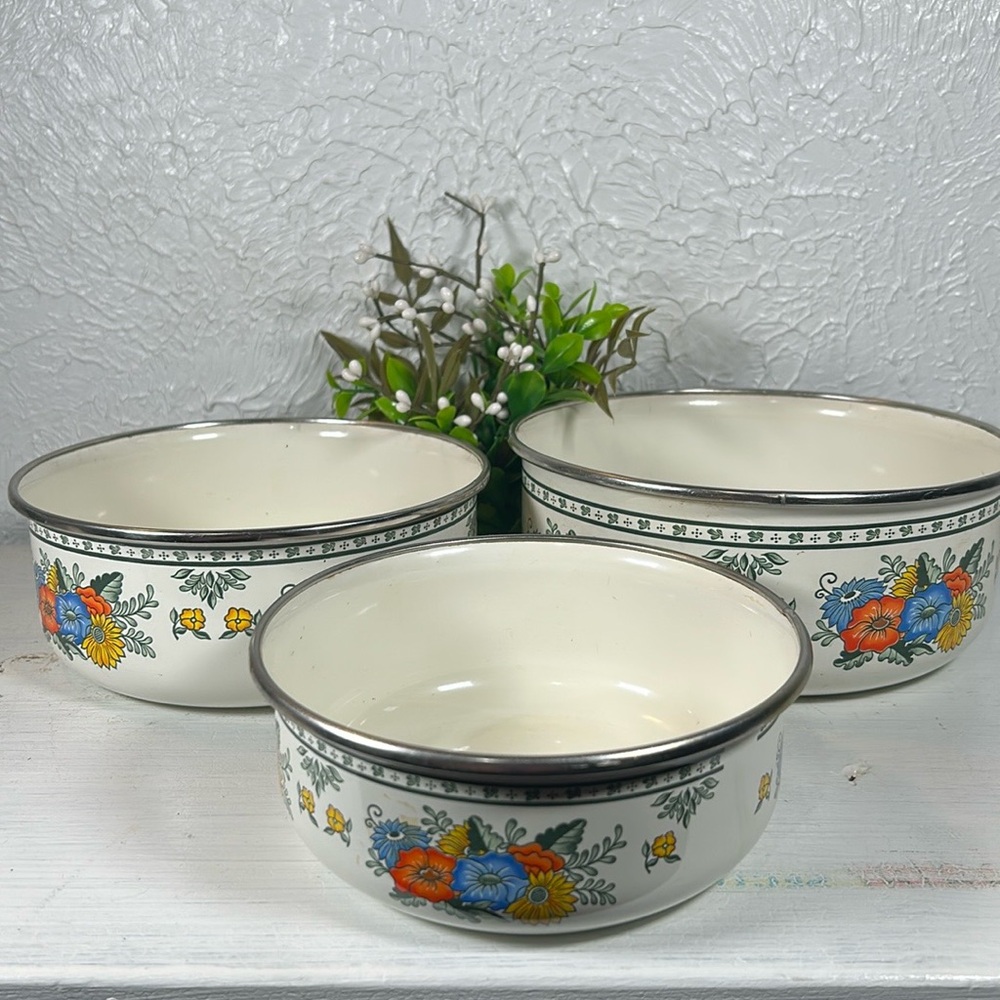 VTG Enamelware Old Amsterdam Floral & Leaf Mixing Nesting Stackable 3 Bowls - Picture 4 of 15